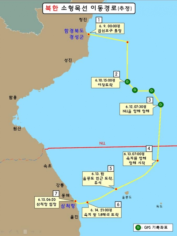 북한 목선의 삼척항 입항 예상 경로(사진:국무조정실 제공).