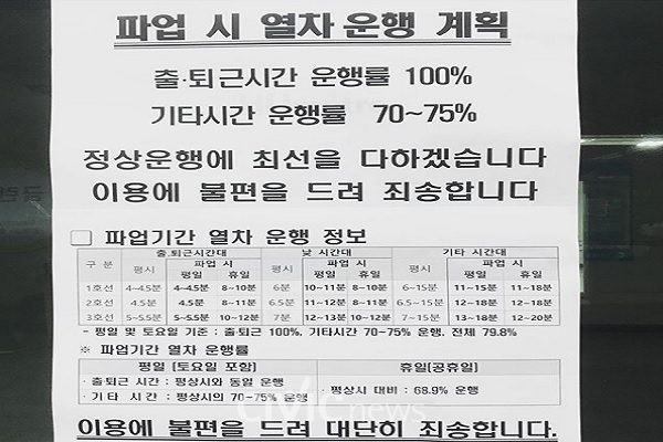 부산지하철노조의 파업으로 지하철에는 파업 안내문이 붙었다(사진: 취재기자 송순민).