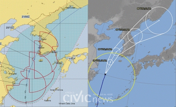 미국 합동태풍경보센터(JTWC)(좌)와 일본 기상청(우)이 예측한 제5호 태풍 '다나스' 예상 진로(사진: 미국 합동태풍경보센터 및 일본 기상청 홈페이지).