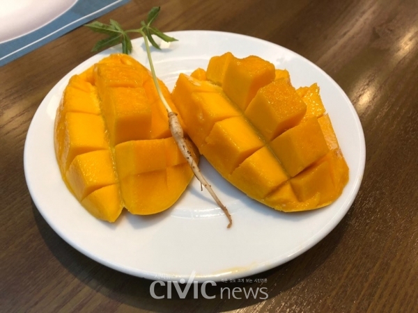 저녁 7시마다 맛볼 수 있는 망고. 망고와 함께 삼도 곁들어져 있다(사진: 취재기자 송순민).