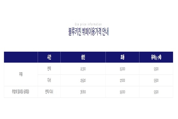 마리나블루키친의 가격. 8월까지는 10% 할인된 비용으로 뷔페를 즐길 수 있다(사진: 마리나블루키친 홈페이지 캡처).