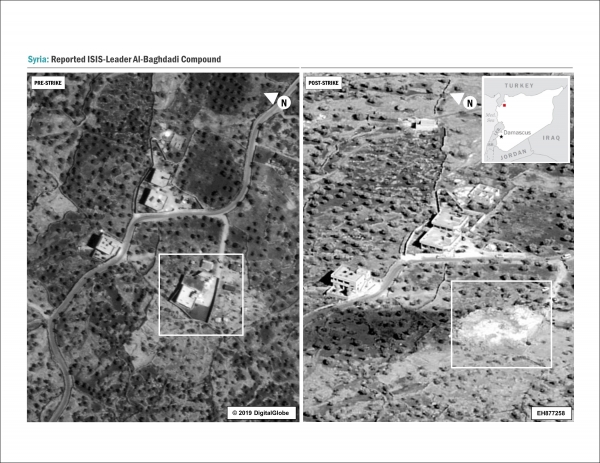 미 국방부는 30일(현지시간) IS 수괴 아부 바크르 알 바그다디의 은신처에 접근하는 영상을 최초 공개했다(사진: 미국 국방부 제공).