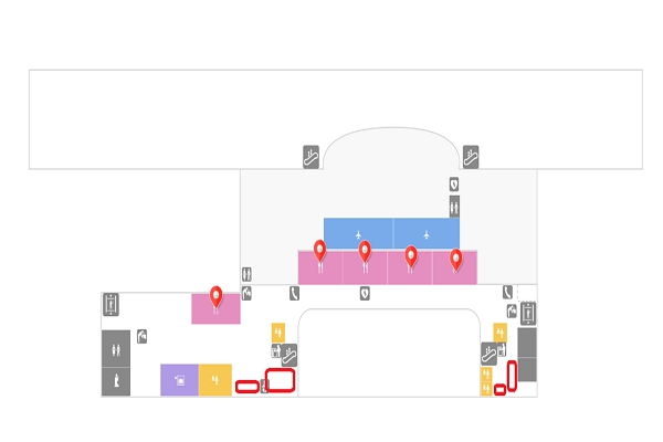 김해국제공항 국제선 3층에 있는 의자 자리. 붉은색 네모 표시가 의자 자리다            (사진: 한국공항공사 홈페이지 캡쳐).