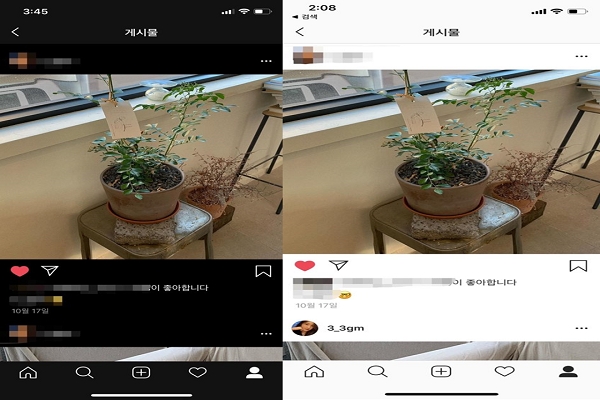 왼쪽은 인스타그램의 다크모드. 오른쪽의 힌색 모드와 달리 업로드된 사진을 제외한 모든 배경화면이 검은색을 띄고 있다. 사진을 올린 사람의 아이디나 사진을 설명한 글, 하단의 아이콘은 검은 배경에서 잘 보이는 흰색을 띄고 있다(사진: 인스타그램 캡처).