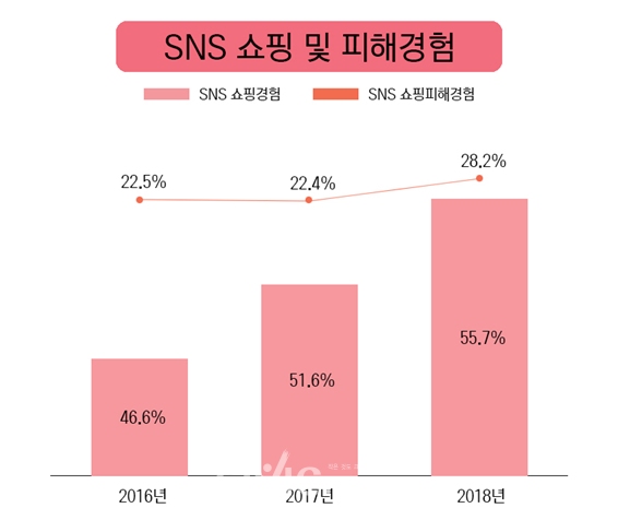 연도별 SNS 쇼핑 및 피해경험(도표: 서울시 전자상거래센터 자료, 시빅뉴스 제작).