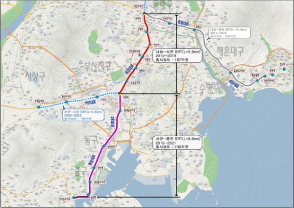 30일 개통된 중앙버스전용차로(BRT)는 내성교차로부터 서면 충무교까지 6.6km 구간이며, 총사업비로 187억 원이다(사진: 부산시 제공).