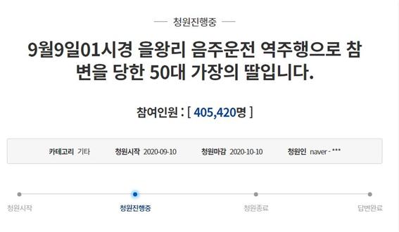 지난 10일 국민청원 게시판에는 음주운전 역주행으로 사고를 일으킨 가해자를 강력처벌을 원하는 청원이 올라왔다(사진 : 청와대 국민청원 홈페이지 캡처).