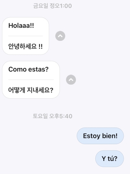 ‘HelloTalk’은 채팅방 자체에서 번역기능이 있어서 대화 중에 외국어가 자동 번역되어 보여준다. 상대방의 메시지 중 틀린 문법이 있다면 수정해주는 기능도 있다(사진: HelloTalk 캡처).