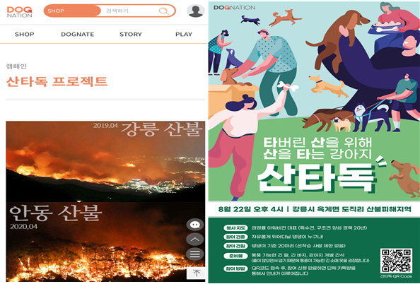 지난해 산불로 타버린 산을 복구하기 위해 진행됐던 '산타독 프로젝트'가 식목일을 맞아 다시 떠오르고 있다(사진: 도그네이션 홈페이지 화면 캡처).