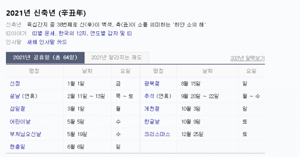 2021년 공휴일 달력(사진: 네이버 달력 화면 캡처).