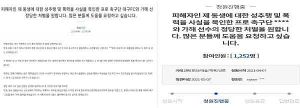 지난 6일 청와대 국민청원 게시판에는 ‘피해자인 제 동생에 대한 성추행 및 폭력 사실을 묵인한 프로 축구단 대구FC와 가해 선수의 정당한 처벌을 원한다’라는 제목으로 청원이 게시됐다(사진: 국민청원 캡처).