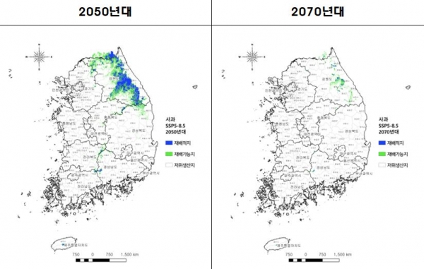 지구온난화로 인해 사과의 재배적지와 재배 가능지가 2050년대까지 급격하게 줄어들고, 2070년대에는 강원도 일부 지역에서만 재배 가능할 수 있을 것으로 예측된다(사진: 농촌진흥청 제공).