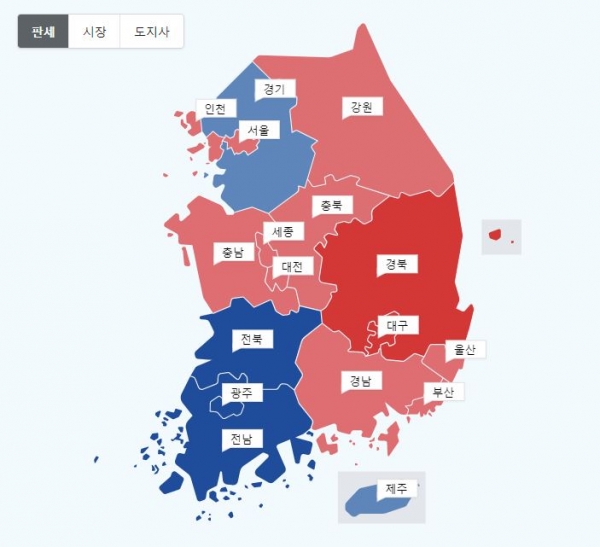 국민의 힘이 제8회 전국동시지방선거에서 17석의 광역단체장 중 경기와 제주, 호남권을 제외하고 12석을 차지하며 압승했다(사진: 제8회 전국동시지방선거 시도지사 판세 캡처).