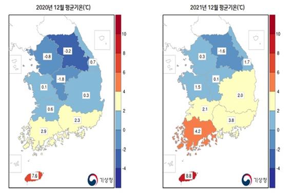 2020년 대비 2021년에 전국 평균기온이 상승한 모습이다(사진: 기상청 자료 캡처).