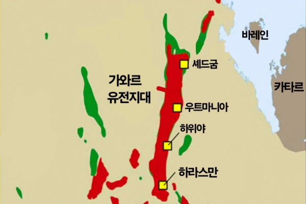 사우디아라비아의 가와르 유전 지대(빨간 부분)와 세부 석유 발굴 지역(그림: 시빅뉴스).