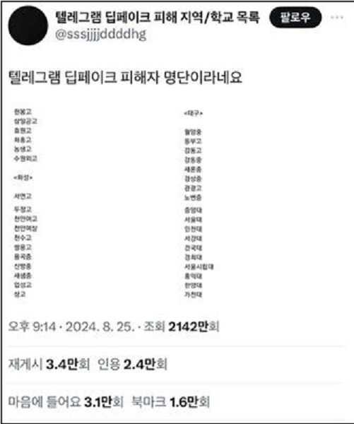 인터넷을 통해 공개된 텔레그램 딥페이크 피해 학교 명단이 공개되자 많은 사람들이 조회를 하는 등 관심을 보이고 있다 (사진: X(전 트위터) 캡처).